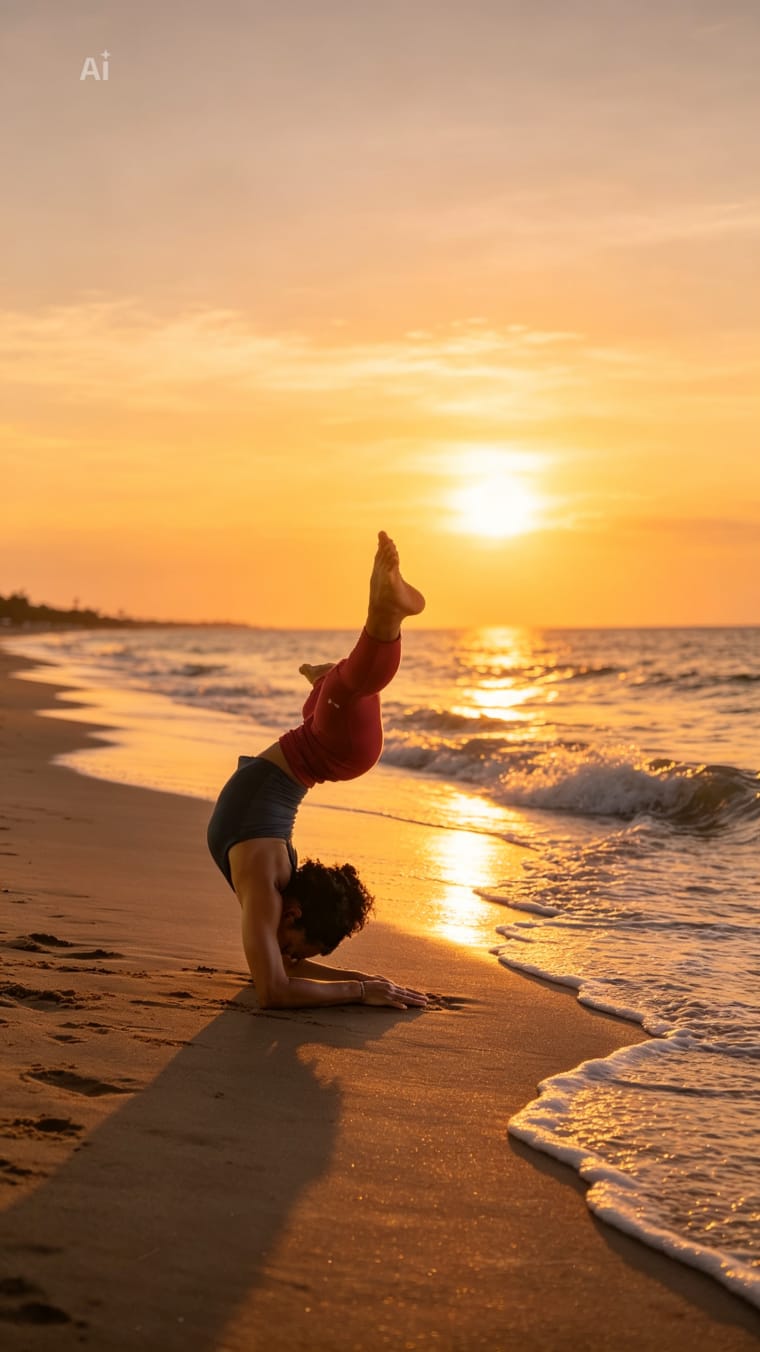 Indy performing a handstand at sunset on the beach